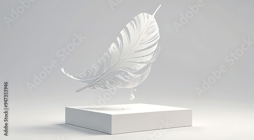 A 3D sculpture of a suspended, floating feather, rendered in delicate, smooth white with intricate details, against a plain white background, symbolizing lightness, freedom, and the transient nature  photo