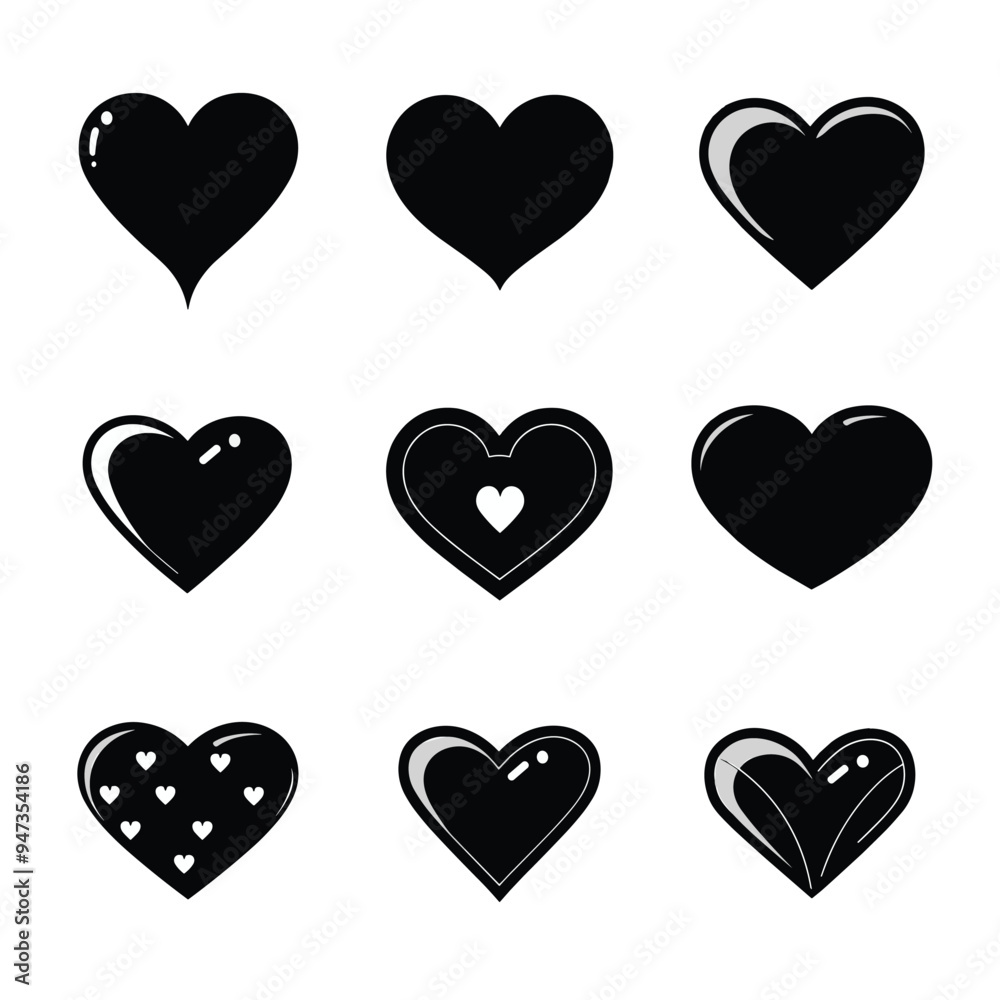 Set of Black Heart icon. Valentines day love symbol, 3d hearts rotation. Black heart icon set vector. Black Heart icon Set of hearts in black color, Black heart icons set vector, different shapes Set of Black Heart icon. Valentines day love symbol, 3d hearts rotation. Black heart icon set vector. Black Heart icon Set of hearts in black color, Black heart icons set vector, different shapes