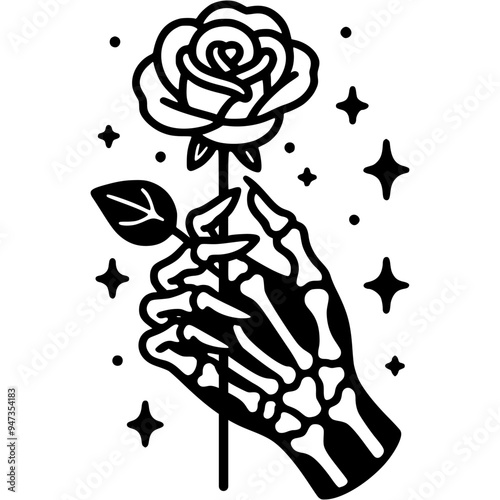 Female skeleton hand holding rose flower in monochrome. Simple minimalistic vector in black ink drawing on transparent background