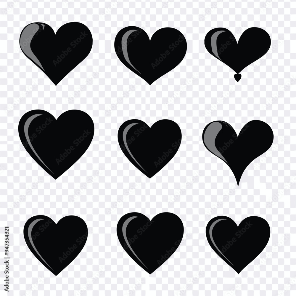 Set of Black Heart icon. Valentines day love symbol, 3d hearts rotation. Black heart icon set vector. Black Heart icon Set of hearts in black color, Black heart icons set vector, different shapes 