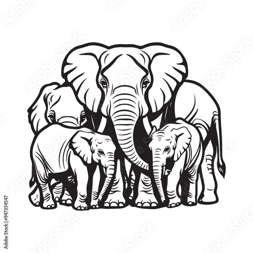 Vector drawing of group of five elephants on the isolated background Stock Vector  photo