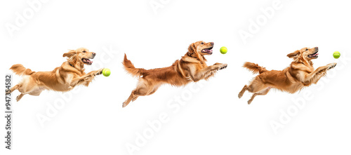 Set of golden retriever dogs playing with tennis ball, jumping and flying in mid air, isolated on white background. Detail. photo