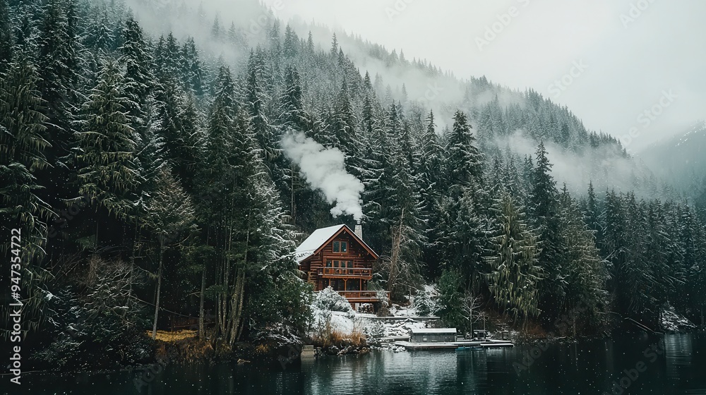 Cozy Cabin in Snowy Forest with Foggy Mountains and Lake Cozy Cabin in Snowy Forest with Foggy Mountains and Lake