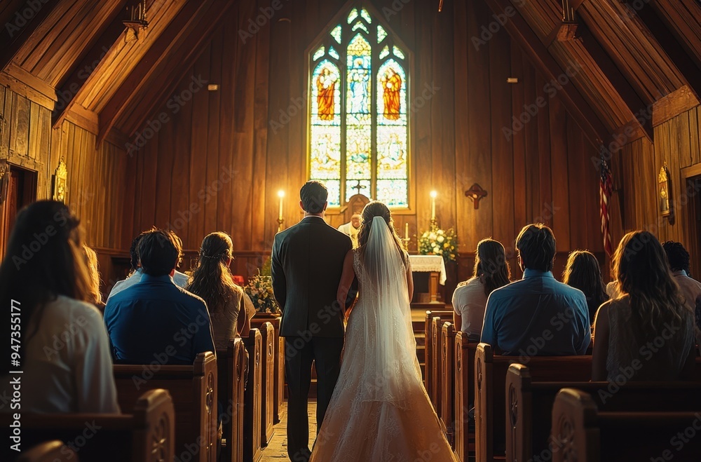 Cinematic shot of the back view of an American bride and groom in their wedding ceremony inside a wooden church, with people sitting on pews around them Cinematic shot of the back view of an American bride and groom in their wedding ceremony inside a wooden church, with people sitting on pews around them