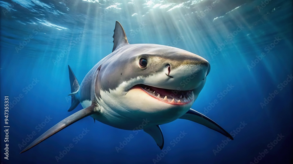Fototapeta premium A stunning underwater portrait of a great white shark, its sharp features illuminated by the bright blue ocean, a mesmerizing sight to behold.