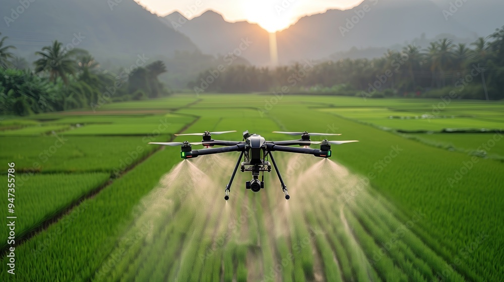 Agricultural drones spray fertilizer on rice fields, revolutionizing the agricultural technology industry Agricultural drones spray fertilizer on rice fields, revolutionizing the agricultural technology industry