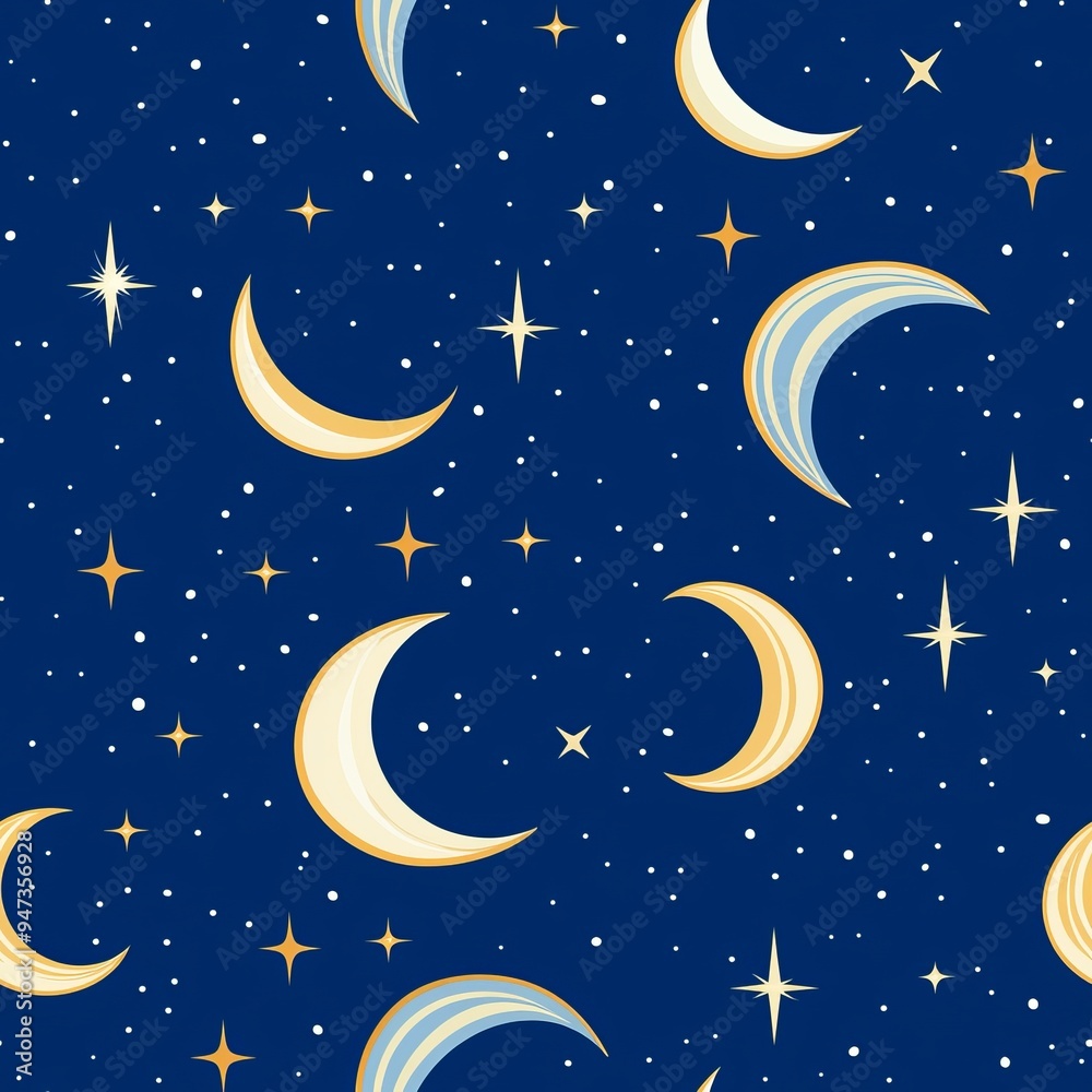 Seamless pattern of glowing moons and stars against a deep blue sky Seamless pattern of glowing moons and stars against a deep blue sky