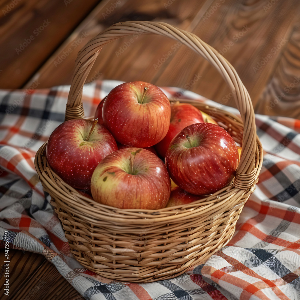 Apples in a wicker basket high angle view on wooden Apples in a wicker basket high angle view on wooden