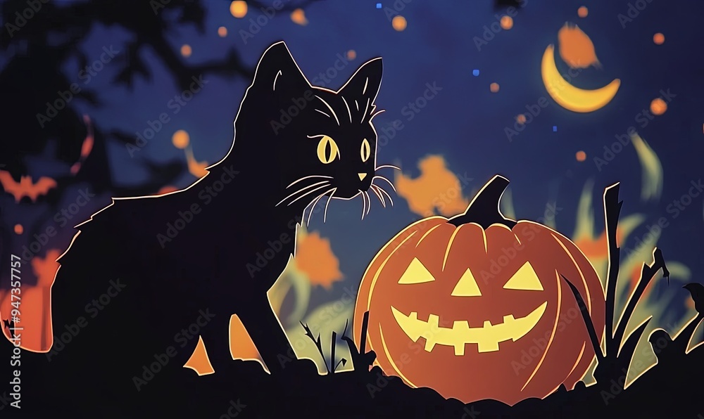 Black Cat Halloween Pumpkin Night Illustration Black Cat Halloween Pumpkin Night Illustration