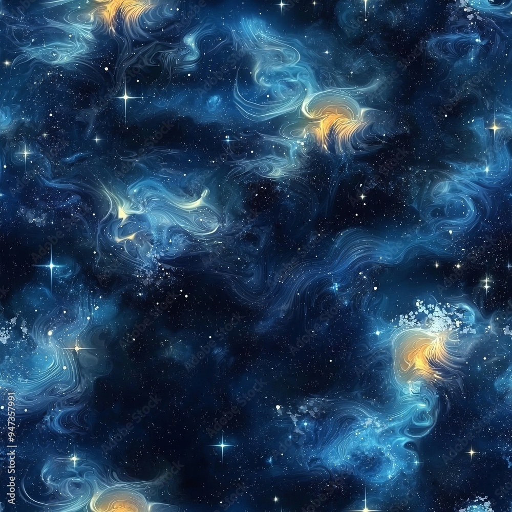 Seamless pattern of glowing stars and swirling gases Seamless pattern of glowing stars and swirling gases