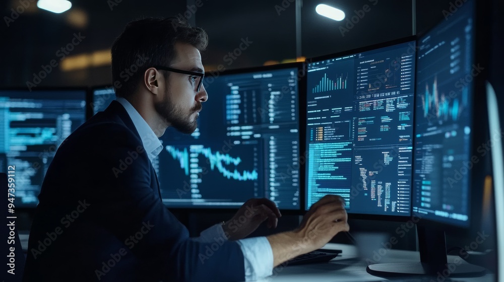 analyst uses a computer and dashboard business analysis and data managment, technology, finance, 16:9 analyst uses a computer and dashboard business analysis and data managment, technology, finance, 16:9