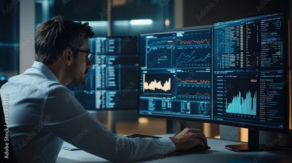 analyst uses a computer and dashboard business analysis and data managment, technology, finance, 16:9 analyst uses a computer and dashboard business analysis and data managment, technology, finance, 16:9