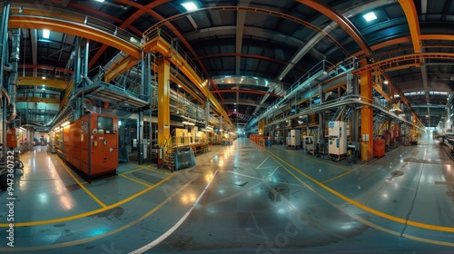 A panoramic view of a high-tech factory implementing ISO standards vivid colors