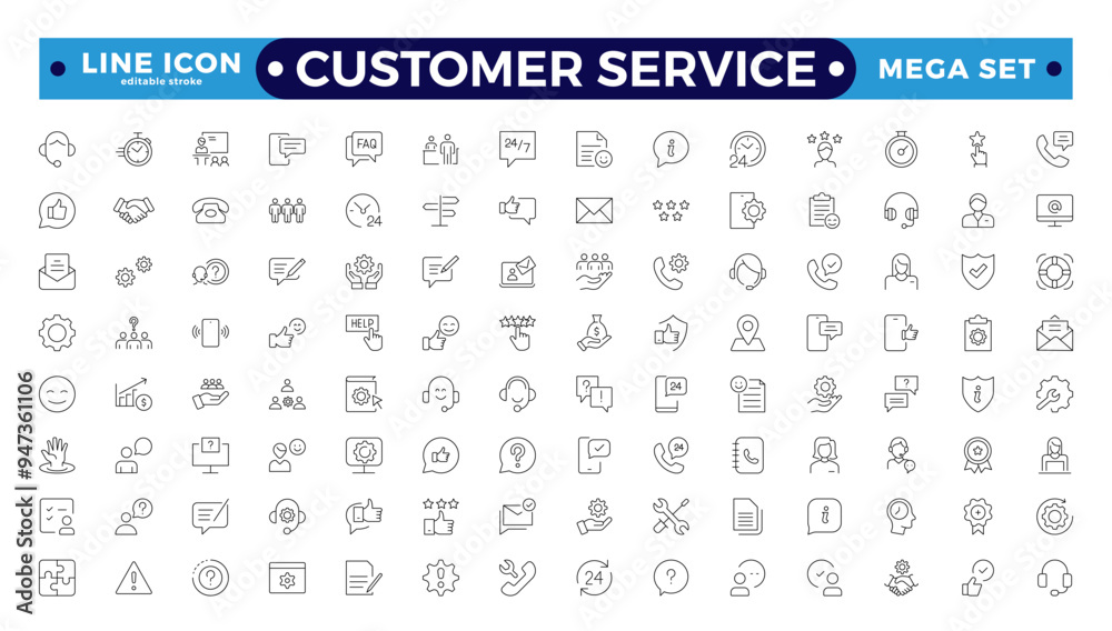 Customer Service and Support Outline Icon Collection. Thin line modern style of customer service icons: feedback, technical support, assistance, information, and more. Editable stroke outline icon. Customer Service and Support Outline Icon Collection. Thin line modern style of customer service icons: feedback, technical support, assistance, information, and more. Editable stroke outline icon.