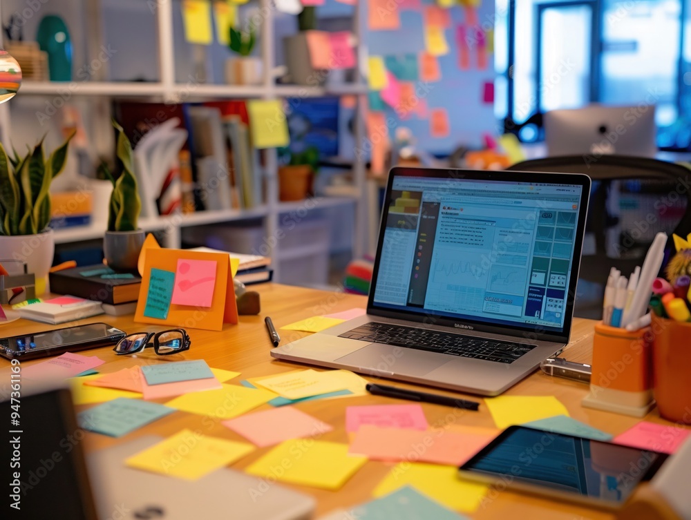Creative workspace with brainstorming session in progress Creative workspace with brainstorming session in progress