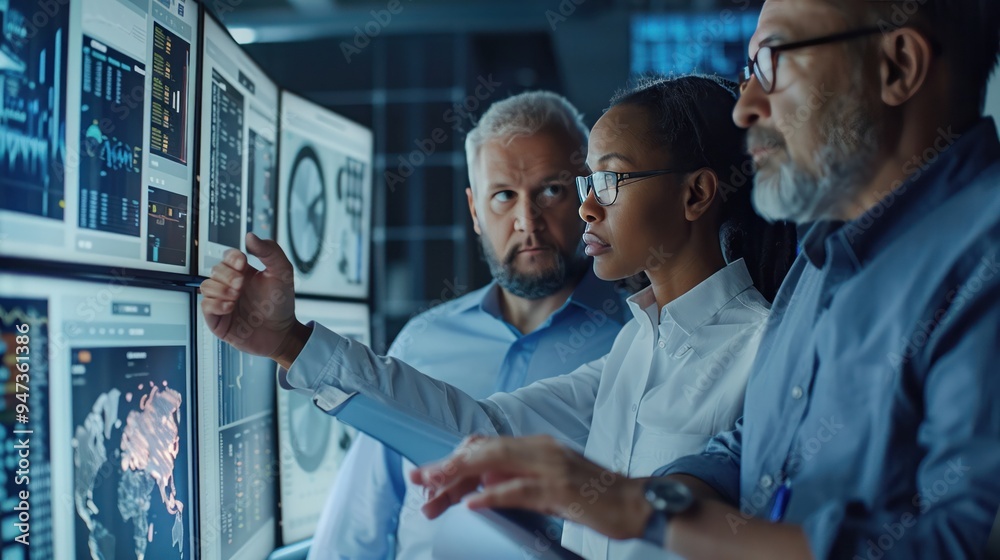 Executive team reviewing an intricate audit report focus on digital screens and detailed paperwork Executive team reviewing an intricate audit report focus on digital screens and detailed paperwork