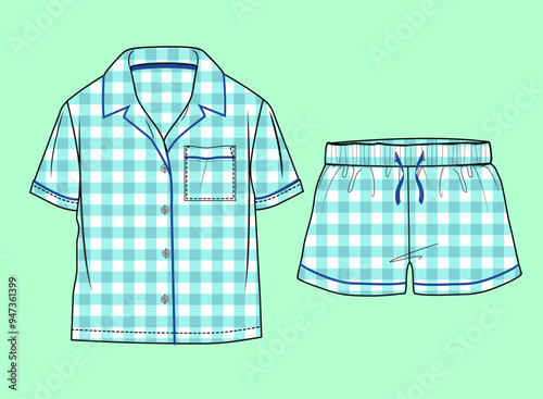 Boys seasonal colour summer woven check pattern nightwear revere collar shirt and shorts flat sketch outline vector fashion illustration template.	