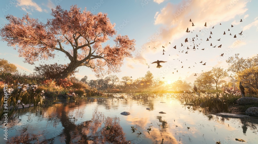 Obraz premium Birds Flying Over Calm Lake in Sunset with Autumn Tree and Reflection