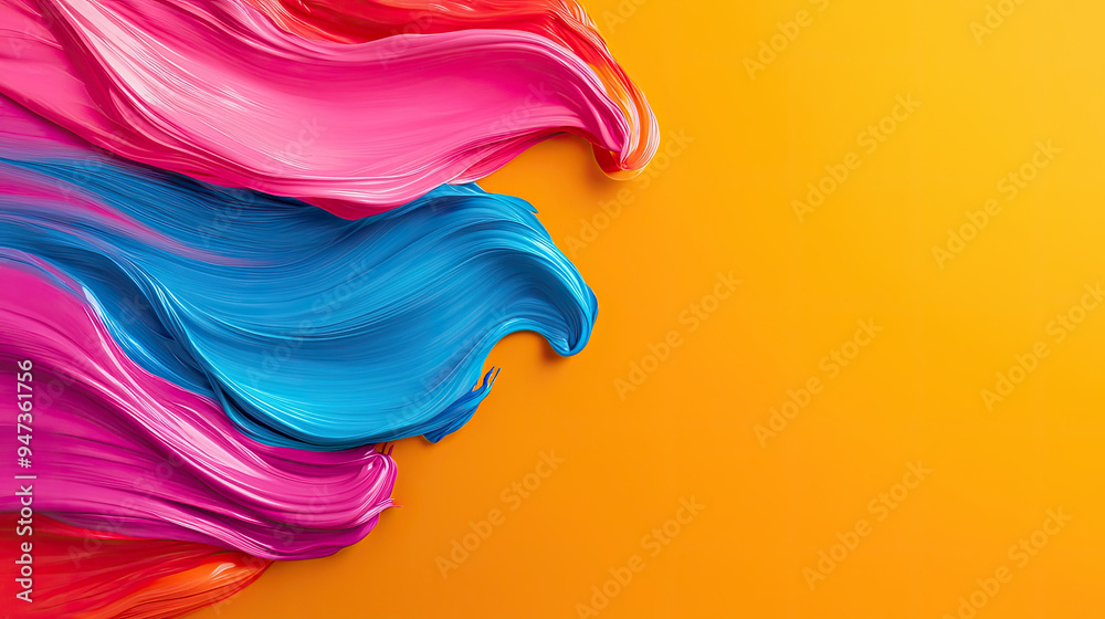 Vibrant paint strokes in pink and blue create a striking contrast against a bright orange background, perfect for artistic themes. Vibrant paint strokes in pink and blue create a striking contrast against a bright orange background, perfect for artistic themes.