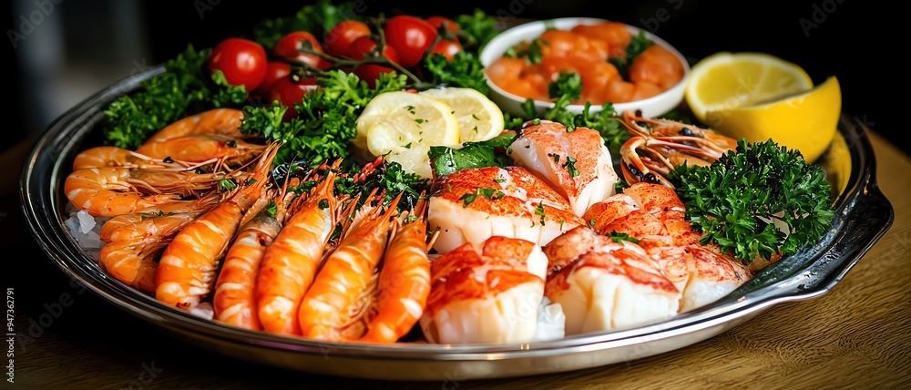 A beautifully arranged seafood platter featuring shrimp, lemon, and fresh herbs, perfect for a gourmet dining experience. A beautifully arranged seafood platter featuring shrimp, lemon, and fresh herbs, perfect for a gourmet dining experience.