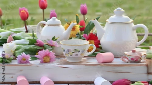 cup of tea and flowers ,generative ai
