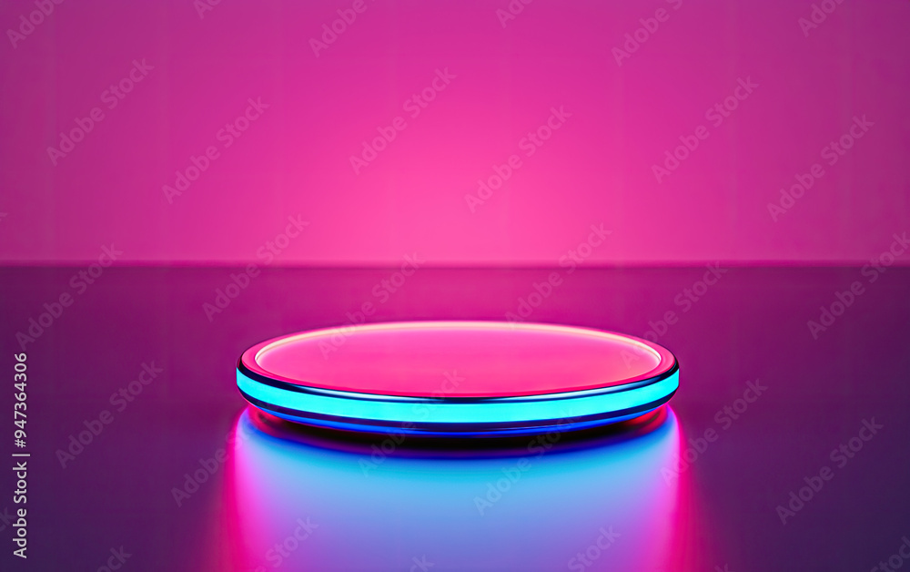 A vibrant, illuminated circular platform with pink and blue neon lights, creating a modern and futuristic atmosphere. A vibrant, illuminated circular platform with pink and blue neon lights, creating a modern and futuristic atmosphere.