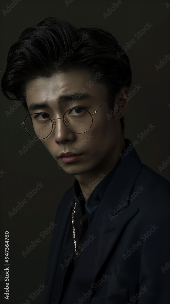 Fototapeta premium Refined and Intellectual Asian Young Professional in Formal Attire Contemplating Thoughtfully