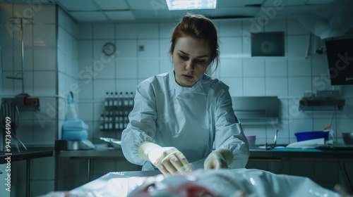 Female Forensic Specialist Doctor is examining a dead body on the autopsy table, background of autopsy room with white walls and neatly arranged surgical instruments, Ai generated Images photo