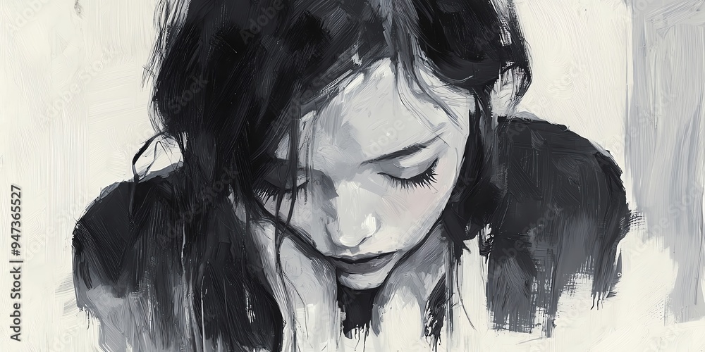 Fototapeta premium A contemplative portrait of a young woman, capturing emotion and introspection in a minimalist black and white style.