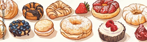 A delightful array of baked goods featuring various donuts, pastries, and sweet treats for dessert lovers.