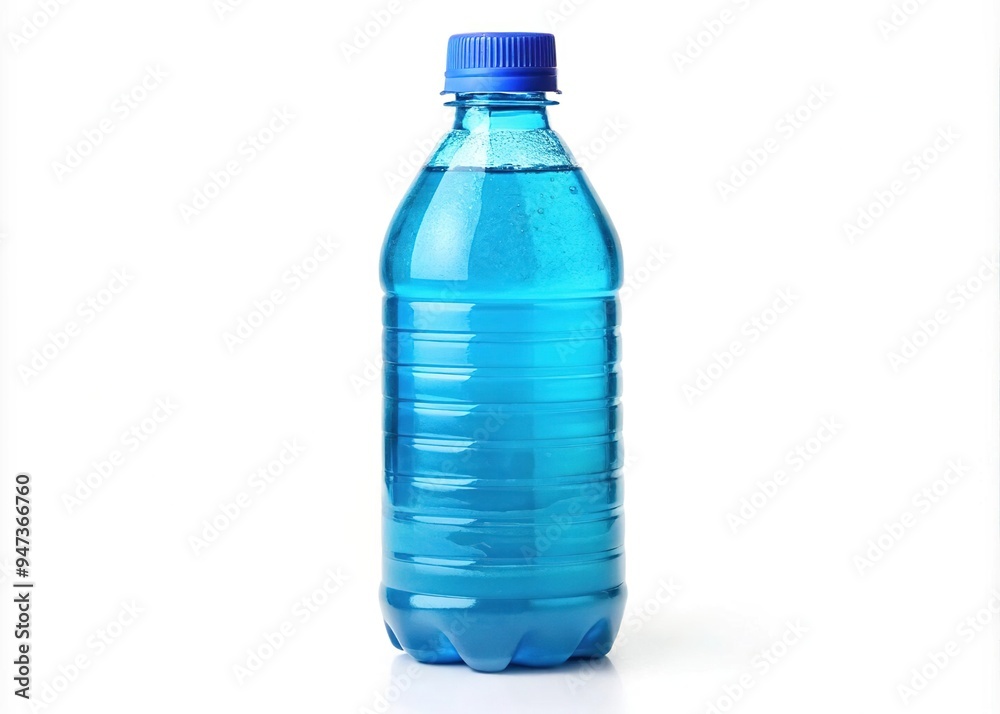 A translucent blue plastic bottle filled to the brim with refreshing aqua liquid, perfect for quenching thirst and adding a splash of color to any setting. A translucent blue plastic bottle filled to the brim with refreshing aqua liquid, perfect for quenching thirst and adding a splash of color to any setting.