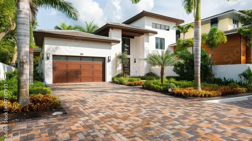 Modern Home in Miami: Brick Driveway with Landscaping and Palm Trees, Featuring a White and Brown Garage Door