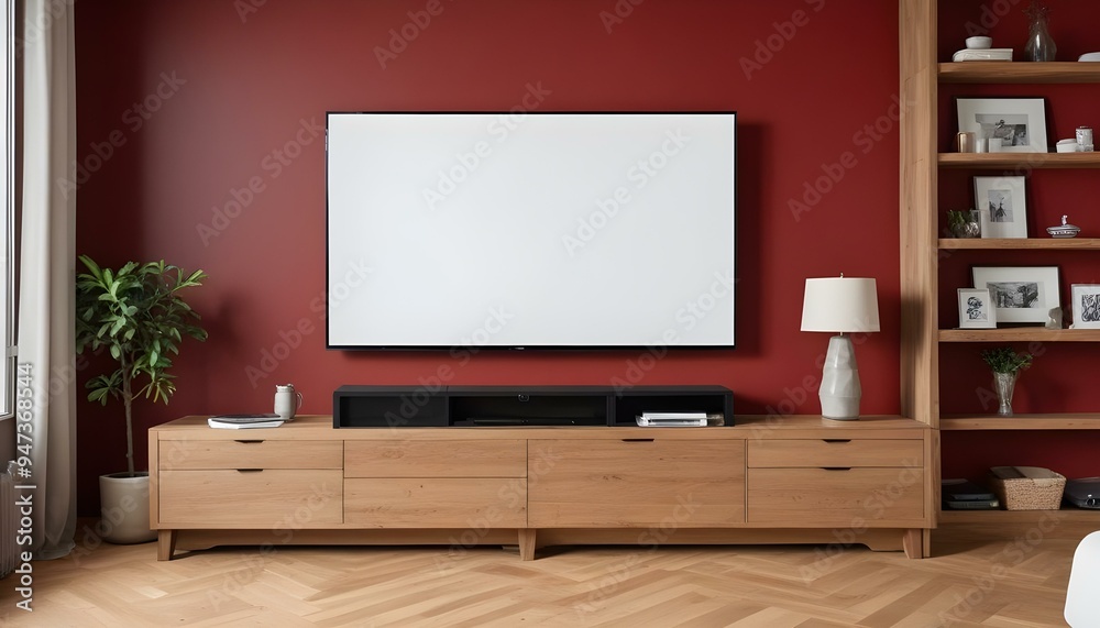 A large flat screen TV mounted on a red wall above a wooden TV stand with drawers.