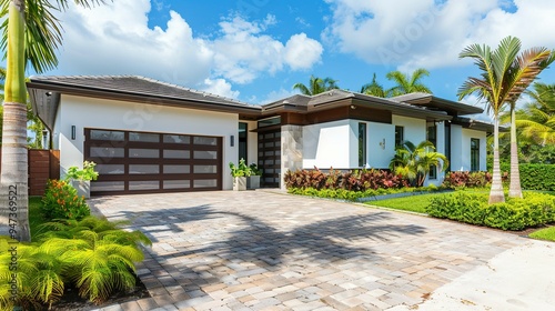 Fototapeta Naklejka Na Ścianę i Meble -  Miami Modern Home with Brick Driveway, Landscaping, and Palm Trees, Including a White and Brown Garage Door