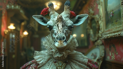 Giraffe Maid: A Quirky Anthropomorphic Animal Dressed Up in French Attire for Fun and Playfulness photo