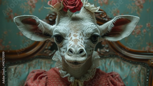 Giraffe Maid: A Quirky Anthropomorphic Animal Dressed Up in French Attire for Fun and Playfulness photo