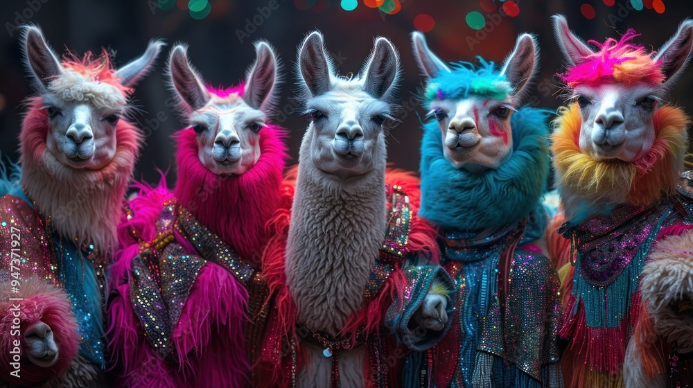 Llama Disco Fever: A Group of Llamas Dressed in Disco Clothes Dancing Under a Glittering Disco Ball Illustration Llama Disco Fever: A Group of Llamas Dressed in Disco Clothes Dancing Under a Glittering Disco Ball Illustration