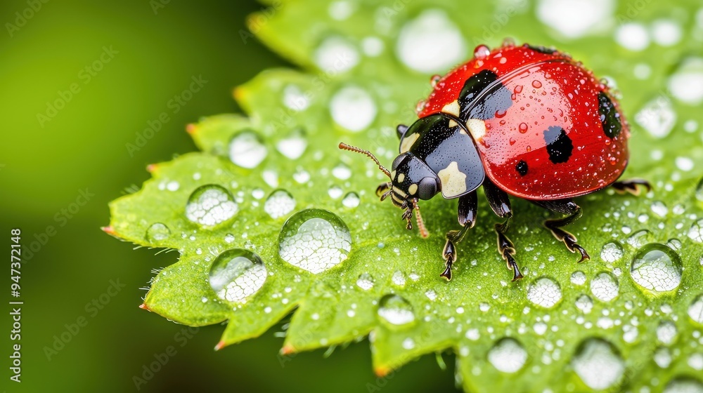 Fototapeta premium Ladybug on Green Leaf with Dew Drops