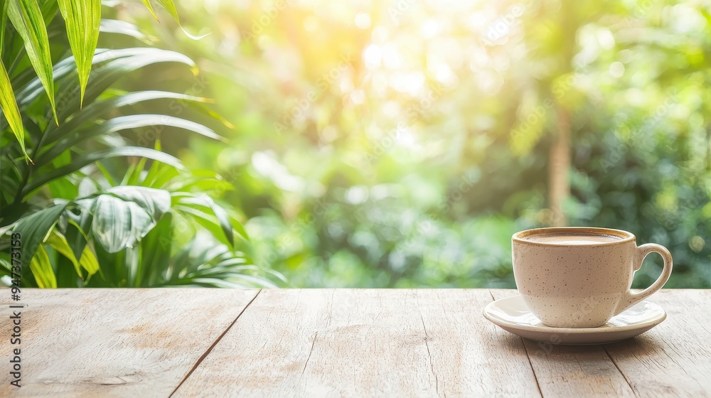 Coffee Cup on Wooden Table with Green Blurred Background Coffee Cup on Wooden Table with Green Blurred Background