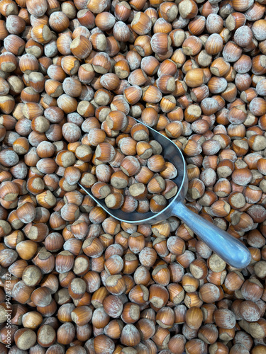 Bulk brown hazelnuts are shown with a metal scoop in a bulk bin at a grocery store or farmers market. photo