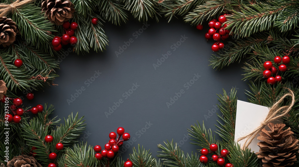 Christmas Wreath with Pinecones and Berries Surrounding Blank Card Christmas Wreath with Pinecones and Berries Surrounding Blank Card