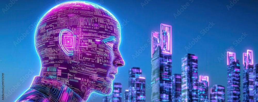 Leader in a cyber-industrial world, with a city made of digital codes and circuits, holographic buildings rising in the background, Sci-Fi, Neon glow Leader in a cyber-industrial world, with a city made of digital codes and circuits, holographic buildings rising in the background, Sci-Fi, Neon glow