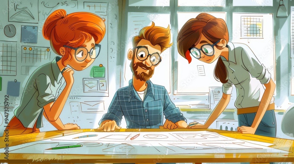 Cartoon vector team members coordinating project timelines in a meeting ...