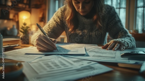 A person fills out a property tax form at a dining table, with financial documents spread out, illustrating a focused approach to tax preparation.