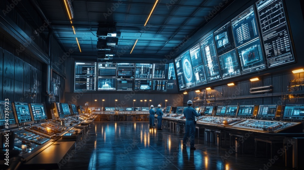 Engineers in a control room monitoring screens that display various industrial processes.