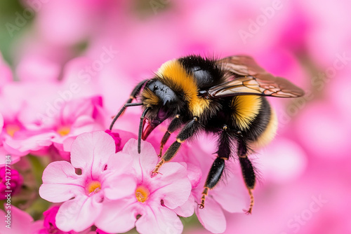 Buff-tailed bumblebee (Bombus terrestris) feeding on pink flowers photo