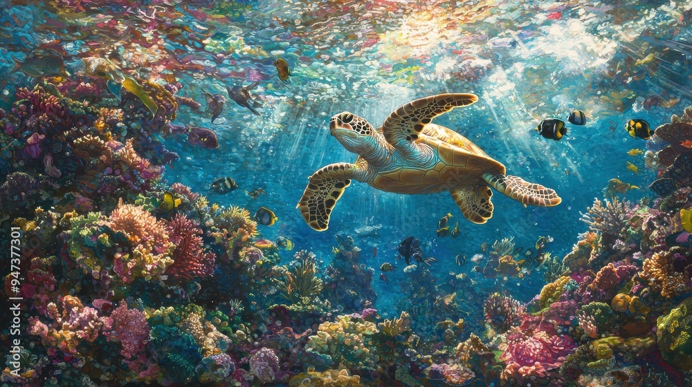 Sea Turtle Swimming in Vibrant Coral Reef with Sunbeams Sea Turtle Swimming in Vibrant Coral Reef with Sunbeams