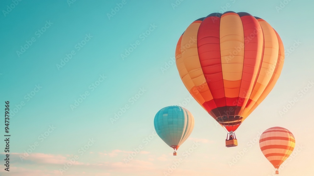 Naklejka premium A stunning view of colorful hot air balloons soaring through a clear blue sky at sunset, evoking a sense of adventure and freedom.