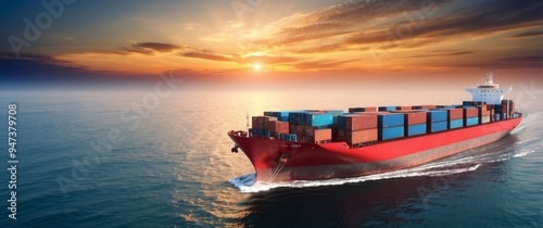 Red Cargo Ship Sailing at Sunset on the Ocean