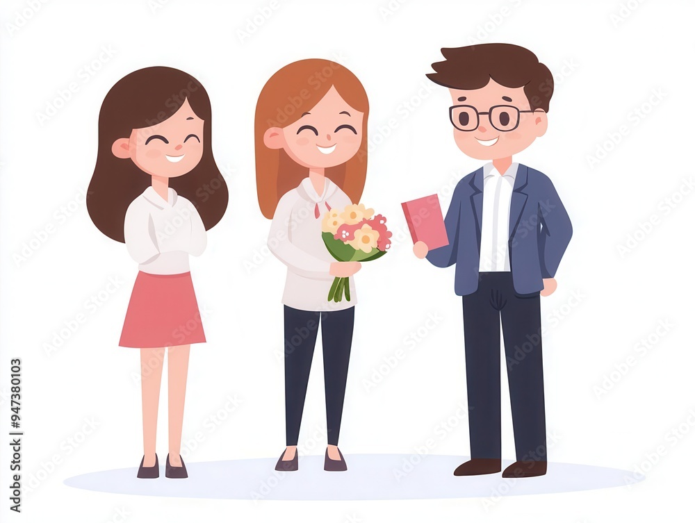 Boss holding a bouquet and smiling at employees, Boss's Day, appreciation gesture Boss holding a bouquet and smiling at employees, Boss's Day, appreciation gesture